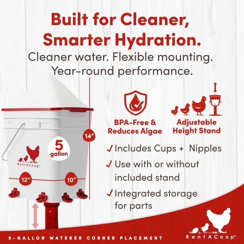 RentACoop 5 Gallon Chicken Waterer with 4 Auto-Fill Water Cups, 4 Horizontal nipples, and Adjustable Stand - Corner Placement