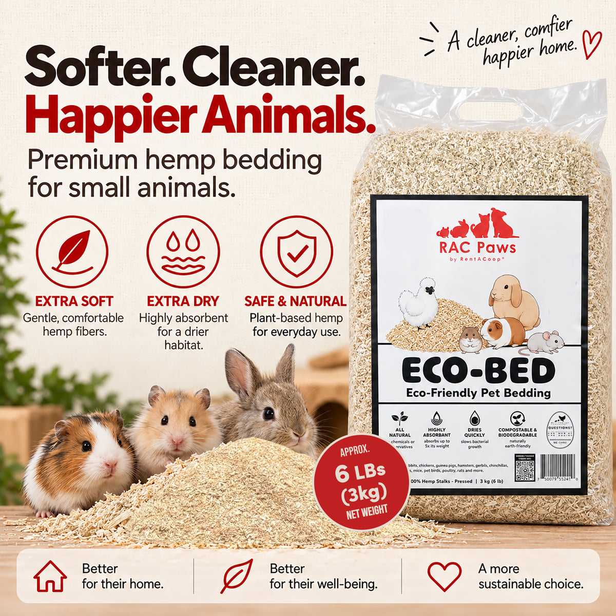 RAC Paws Premium Hemp Bedding for Rabbits, Guinea Pigs & Hamsters 6.6 lb