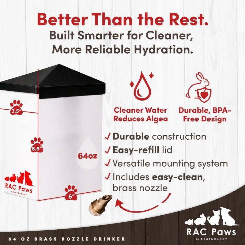 RAC Paws 64oz(2L) Small Animal Drinker with Sliding Lid and No-Drip Brass Nozzle