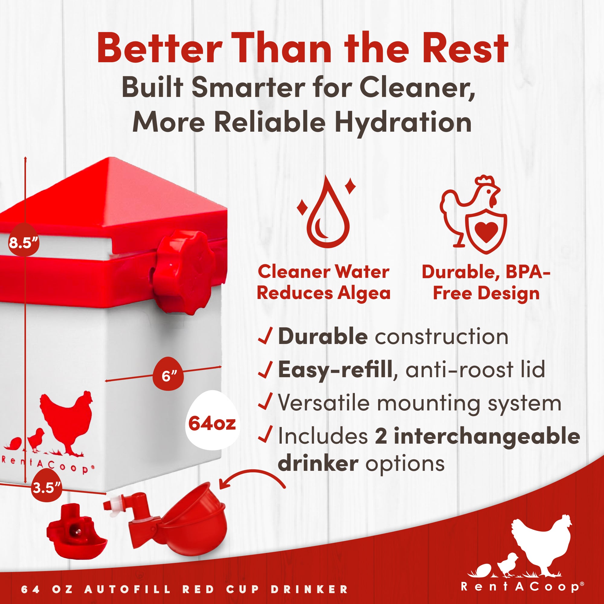RentACoop 64oz(2L) Automatic Drinker with Auto-Fill Cup and Horizontal Nipple