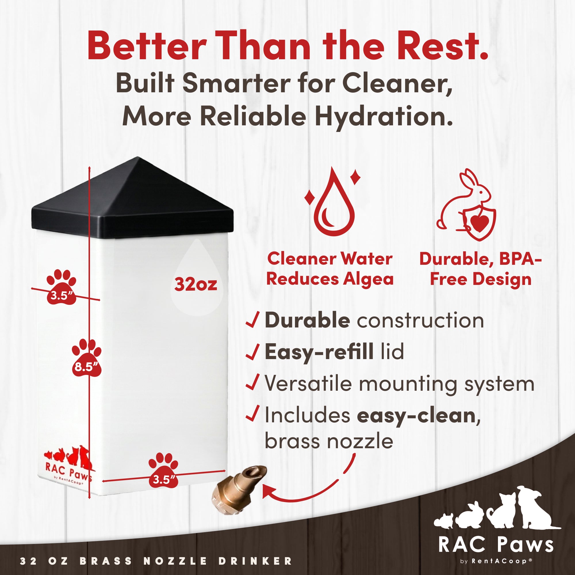 RAC Paws by RentACoop 32oz(1L) Small Animal Drinker with No-Drip Brass Nozzle