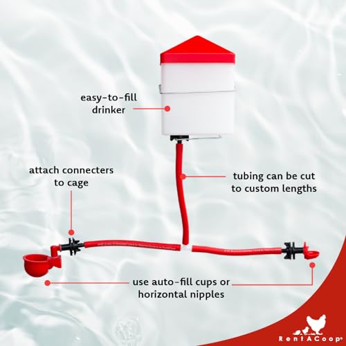 RentACoop DIY Sip Station Watering System Mini Kit; includes Tubing, Horizontal Nipples, Auto-Fill Cups, Tubing Adaptors, T-Connectors, and 64oz bottle; Great for Chickens, Quail and Other Poultry