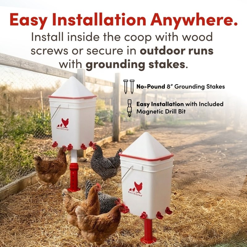 RentACoop 5 Gallon Chicken Waterer with 4 Auto-Fill Water Cups, 4 Horizontal nipples, and Adjustable Stand - Corner Placement