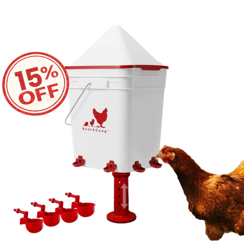 RentACoop 5 Gallon Chicken Waterer with 4 Auto-Fill Water Cups, 4 Horizontal nipples, and Adjustable Stand - Corner Placement