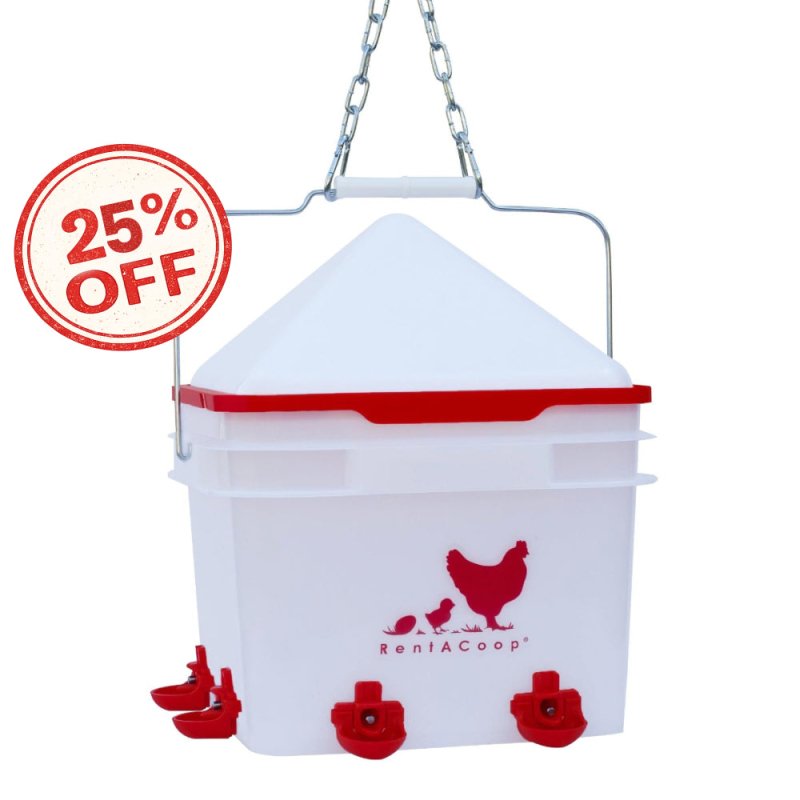 RentACoop 2 Gallon BPA-Free Plastic Bucket Chicken Waterer Set with 4 Horizontal Nipples - Corner Placement 2025 Version