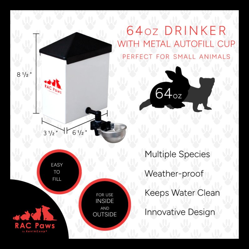 RAC Paws 64oz(2L) Small Animal Drinker with Auto-Fill Metal Cups - Suitable for Small Pets, Bunnies, Hamsters, Guinea Pigs, Rabbits, Chinchillas, Mice and Rats