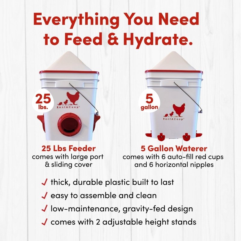 RentACoop Chicken Feeder &amp; Waterer Set– 25lb No-Waste Feeder with 4 Large Ports + 5-Gallon Waterer with Auto-Fill Cups &amp; Horizontal Nipples