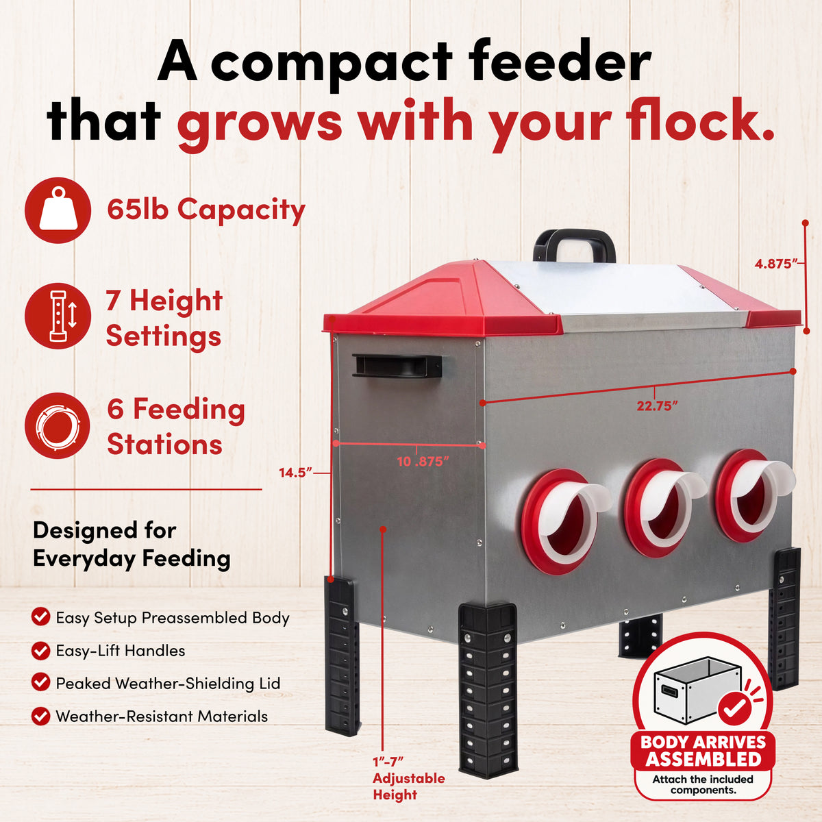 RentACoop Flock Feeder 65 lb - Large Capacity, Weatherproof Metal 6-Port Feeder for Adult Chickens, Turkeys, Ducks, and More