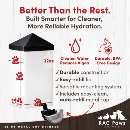 RAC Paws No-Drip 32oz Chicken and Small Animal Drinking Bottle with Auto-Fill Metal Cup