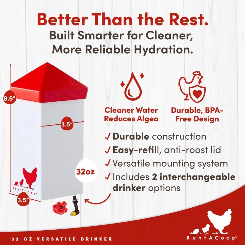 RentACoop 32oz(1L) Drinker Plus 2 Versatile Nipples - Suitable for Chicks, Quail, Pigeons, Doves, and Other Smaller Birds