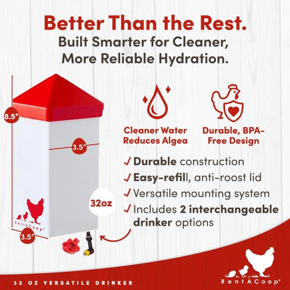 RentACoop 32oz(1L) Drinker Plus 2 Versatile Nipples - Suitable for Chicks, Quail, Pigeons, Doves, and Other Smaller Birds