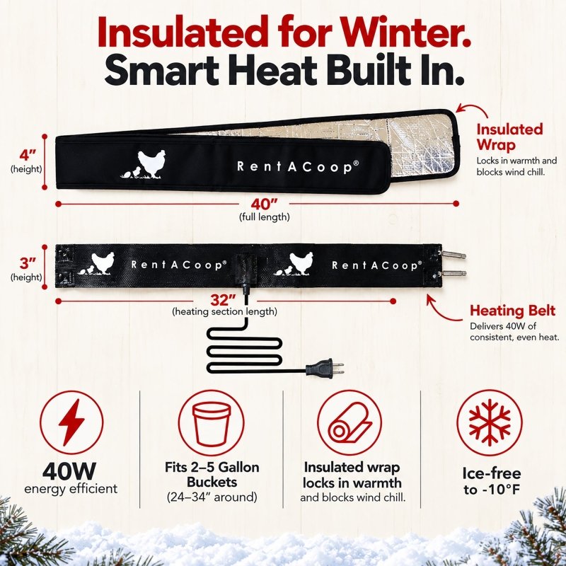 RentACoop Heated Chicken Waterer Belt for Winter, Thermo Bucket Heater Strap LG with Insulated Wrap for 2-5 Gal, 40W Energy Efficient, Safe to -10°F, Auto Thermostat