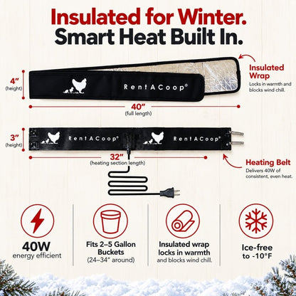 RentACoop Heated Chicken Waterer Belt for Winter, Thermo Bucket Heater Strap LG with Insulated Wrap for 2-5 Gal, 40W Energy Efficient, Safe to -10°F, Auto Thermostat