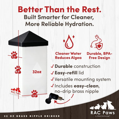RAC Paws by RentACoop 32oz(1L) Small Animal Drinker with No-Drip Brass Nipple