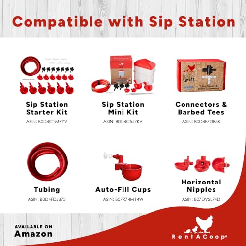 RentACoop DIY Sip Station Watering System Mini Kit; includes Tubing, Horizontal Nipples, Auto-Fill Cups, Tubing Adaptors, T-Connectors, and 64oz bottle; Great for Chickens, Quail and Other Poultry