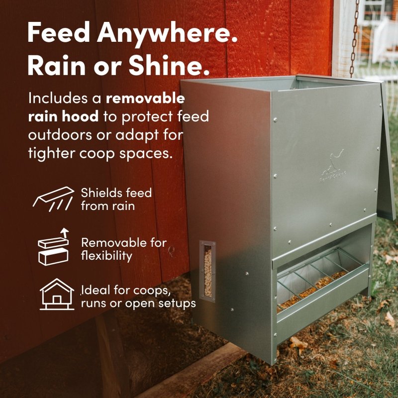 Galvanized Chicken Tough Feeder, Weatherproof Poultry Food Dispenser with Lid - 50lb
