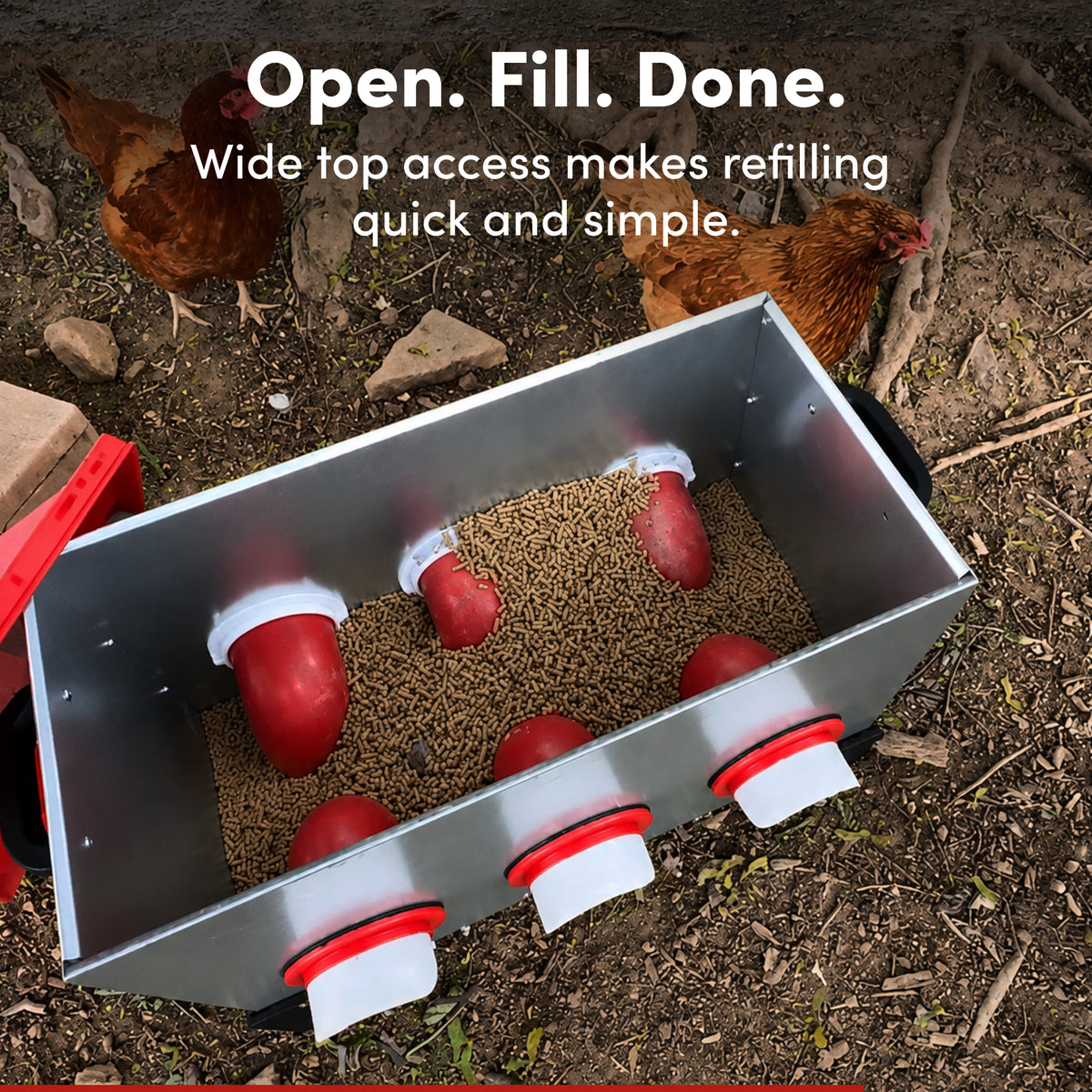 RentACoop Flock Feeder 65 lb - Large Capacity, Weatherproof Metal 6-Port Feeder for Adult Chickens, Turkeys, Ducks, and More