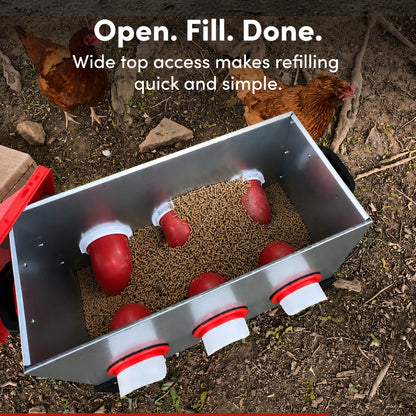 RentACoop Flock Feeder 65 lb - Large Capacity, Weatherproof Metal 6-Port Feeder for Adult Chickens, Turkeys, Ducks, and More