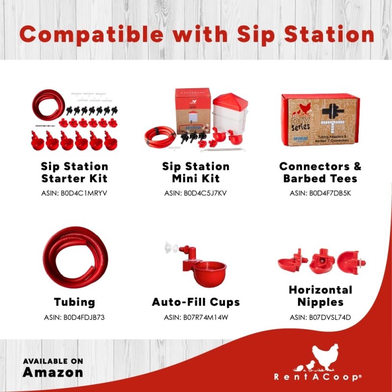 RentACoop DIY Sip Station Watering System –includes Tubing, Horizontal Nipples, Auto-Fill Cups, Tubing Adaptors, T-Connectors, and 11mm Drill Bit – Great for Poultry (DIY Starter Kit for Poultry)