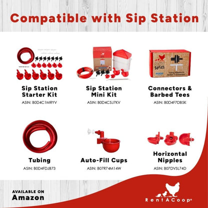RentACoop DIY Sip Station Watering System –includes Tubing, Horizontal Nipples, Auto-Fill Cups, Tubing Adaptors, T-Connectors, and 11mm Drill Bit – Great for Poultry (DIY Starter Kit for Poultry)