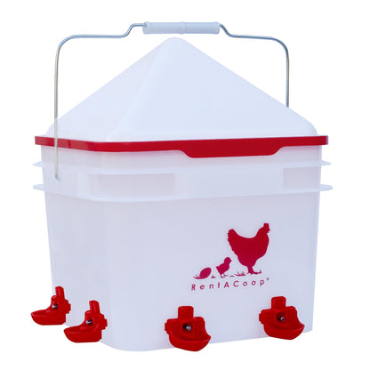 RentACoop 2 Gallon BPA-Free Plastic Bucket Chicken Waterer Set with 4 Horizontal Nipples - Corner Placement 2025 Version