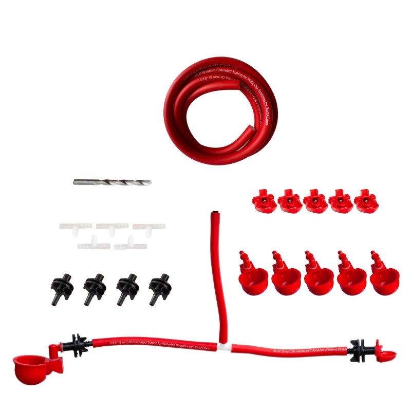 RentACoop DIY Sip Station Watering System –includes Tubing, Horizontal Nipples, Auto-Fill Cups, Tubing Adaptors, T-Connectors, and 11mm Drill Bit – Great for Poultry (DIY Starter Kit for Poultry)