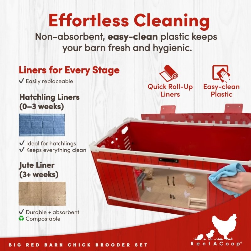 RentACoop Big Red Barn Chick Brooder Set | Durable, Lightweight, easy-clean, multipurpose | With Heating Plate, Feeder, Waterer, Absorbent Hatchling Liners, Jute Liners, LED Light, Security Latch