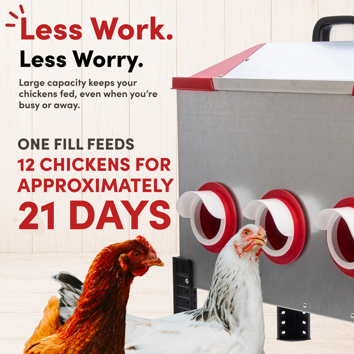 RentACoop Flock Feeder 65 lb - Large Capacity, Weatherproof Metal 6-Port Feeder for Adult Chickens, Turkeys, Ducks, and More