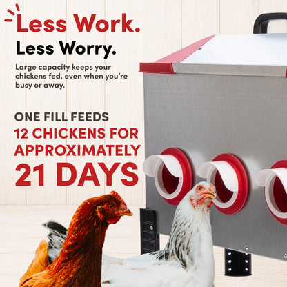 RentACoop Flock Feeder 65 lb - Large Capacity, Weatherproof Metal 6-Port Feeder for Adult Chickens, Turkeys, Ducks, and More