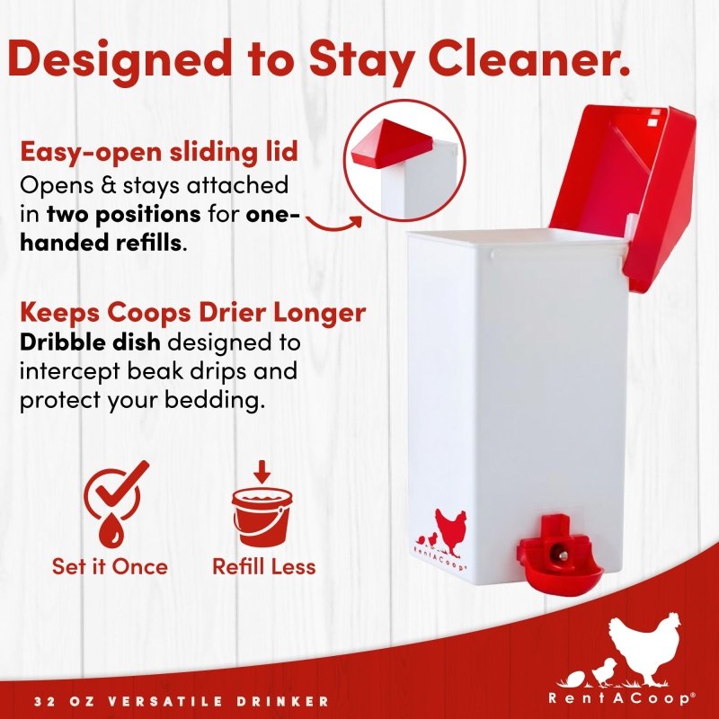 RentACoop 32oz(1L) Drinker Plus 2 Versatile Nipples - Suitable for Chicks, Quail, Pigeons, Doves, and Other Smaller Birds