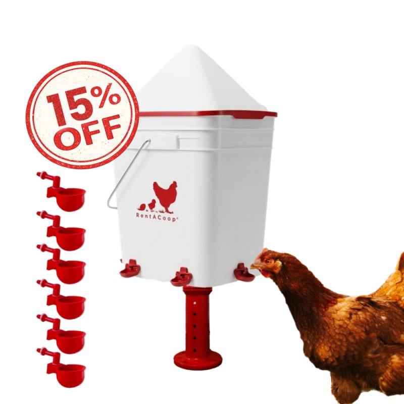 RentACoop 5 Gallon/ 6 Automatic-Fill Water Cup or Nipple Chicken Waterer with Adjustable Stand - Center Placement