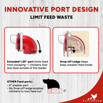 RentACoop Flock Feeder 65 lb - Large Capacity, Weatherproof Metal 6-Port Feeder for Adult Chickens, Turkeys, Ducks, and More