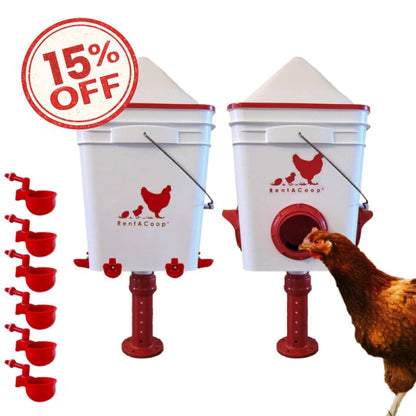 RentACoop Chicken Feeder &amp; Waterer Set– 25lb No-Waste Feeder with 4 Large Ports + 5-Gallon Waterer with Auto-Fill Cups &amp; Horizontal Nipples