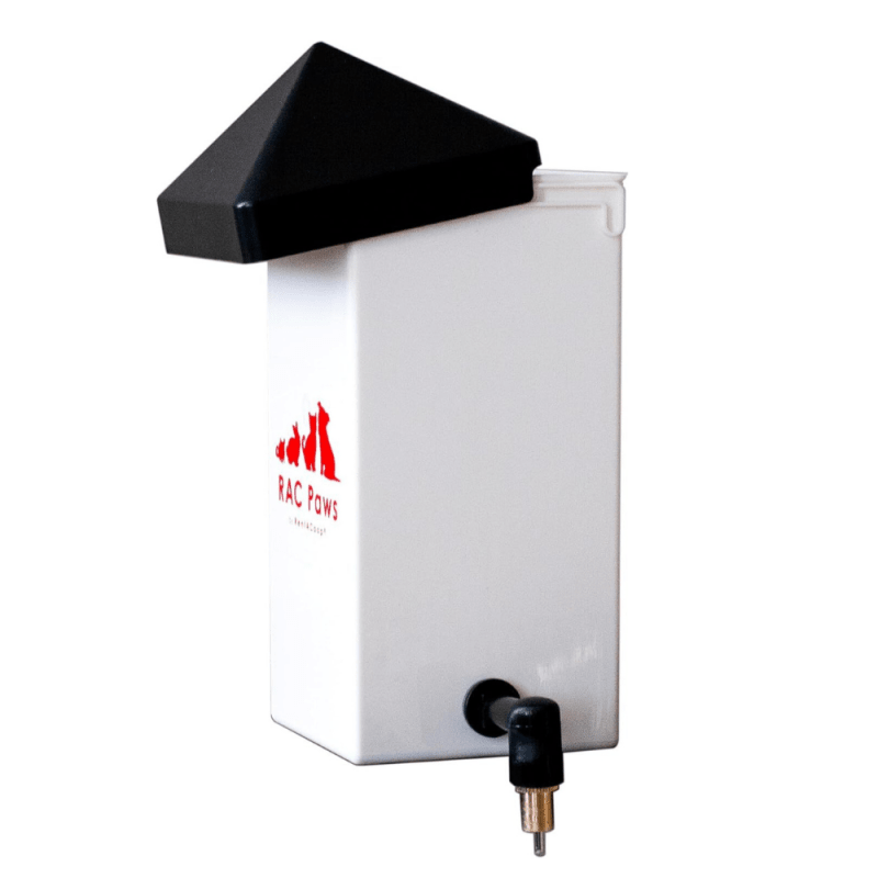 White water dispenser with black top and nozzle on a white background, featuring RAC Fours logo.