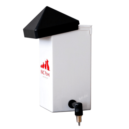 White water dispenser with black top and nozzle on a white background, featuring RAC Fours logo.