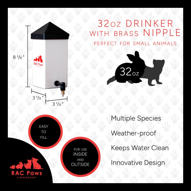 RAC Paws 32oz(1L) Small Animal Drinker with No-Drip Brass Nipple - Suitable for Small Pets, Bunnies, Hamsters, Guinea Pigs, Rabbits, Chinchillas, Mice and Rats