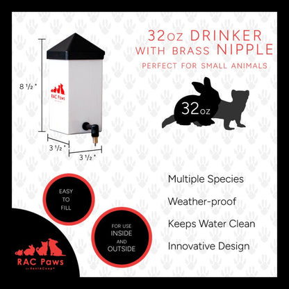 RAC Paws 32oz(1L) Small Animal Drinker with No-Drip Brass Nipple - Suitable for Small Pets, Bunnies, Hamsters, Guinea Pigs, Rabbits, Chinchillas, Mice and Rats