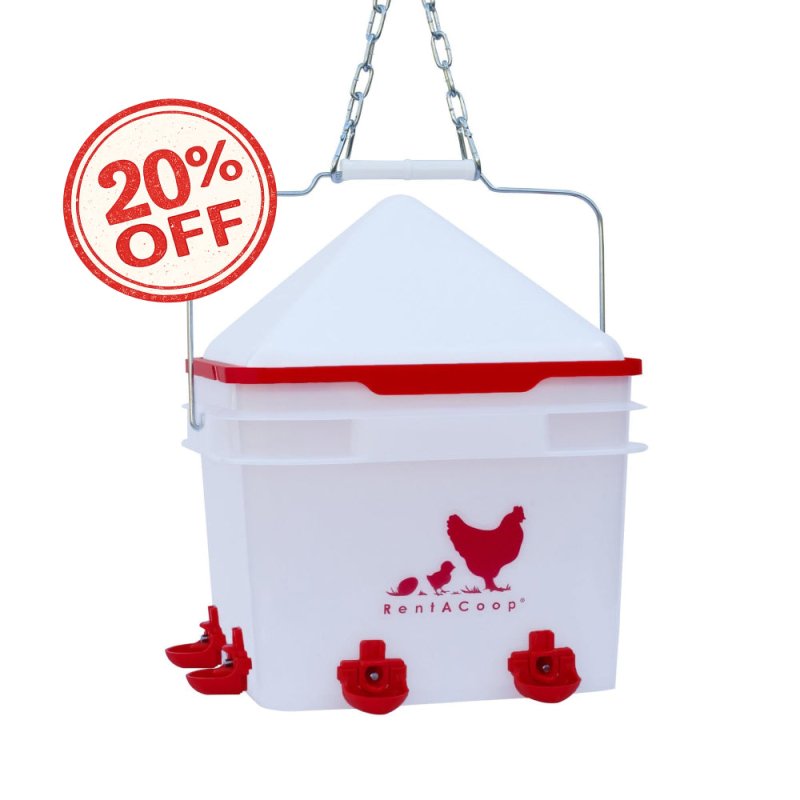 RentACoop 2 Gallon BPA-Free Plastic Bucket Chicken Waterer Set with 4 Horizontal Nipples - Corner Placement 2025 Version