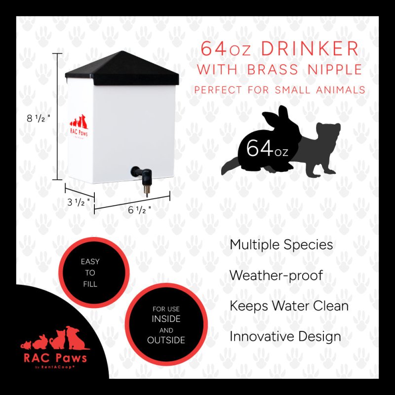 RAC Paws 64oz(2L) Small Animal Drinker with No-Drip Brass Nozzle - Suitable for Small Pets, Bunnies, Hamsters, Guinea Pigs, Hedgehogs, Rabbits, Chinchillas, Mice and Rats
