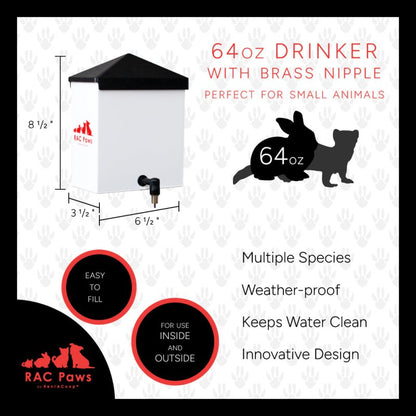 RAC Paws 64oz(2L) Small Animal Drinker with No-Drip Brass Nozzle - Suitable for Small Pets, Bunnies, Hamsters, Guinea Pigs, Hedgehogs, Rabbits, Chinchillas, Mice and Rats
