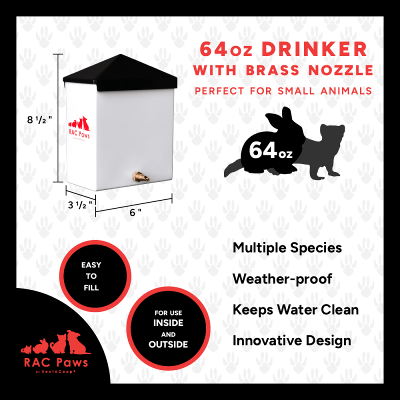 RAC Paws 64oz(2L) Small Animal Drinker with Sliding Lid and No-Drip Brass Nozzle