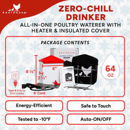 RentACoop Zero Chill Heated Drinker – 64 oz All-in-One Poultry Waterer with Heater &amp; Insulated Cover