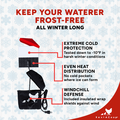 RentACoop Zero Chill Heated Drinker – 64 oz All-in-One Poultry Waterer with Heater &amp; Insulated Cover