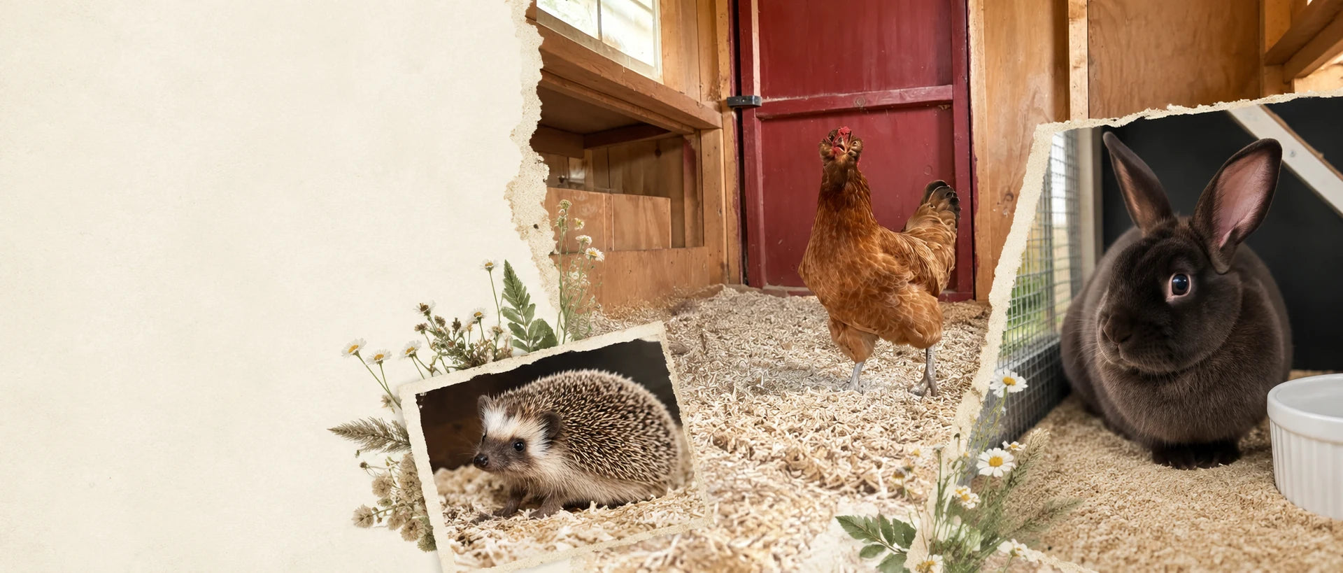Chicken, rabbit and hedgehog in warm habitats with natural hemp bedding