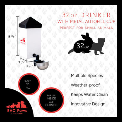 RAC Paws No-Drip 32oz Chicken and Small Animal Drinking Bottle with Auto-Fill Metal Cup