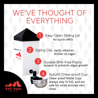 RAC Paws No-Drip 32oz Chicken and Small Animal Drinking Bottle with Auto-Fill Metal Cup