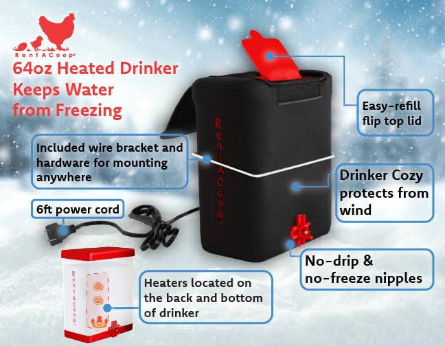 RentACoop 64oz(2L) BPA-Free Heated Poultry Drinker with Plastic Horizontal Nipple and 6ft Power Cord for Chickens, Pigeon, Quail, and Other Large Animals - RentACoop