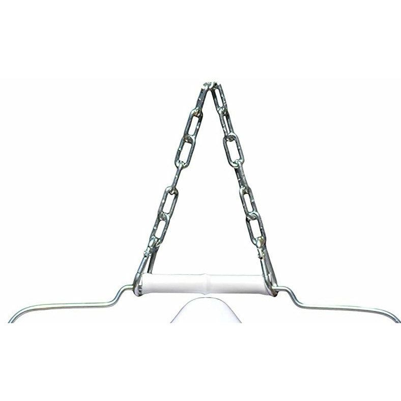 A RentACoopUS metal chain hanging from a hook on a white background.
