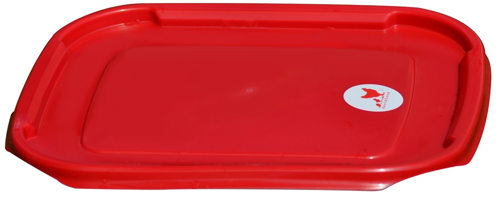 A red plastic container with a white sticker on it.
